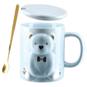 Moka, šolja sa poklopcem, keramička, meda print, roze, 350ml