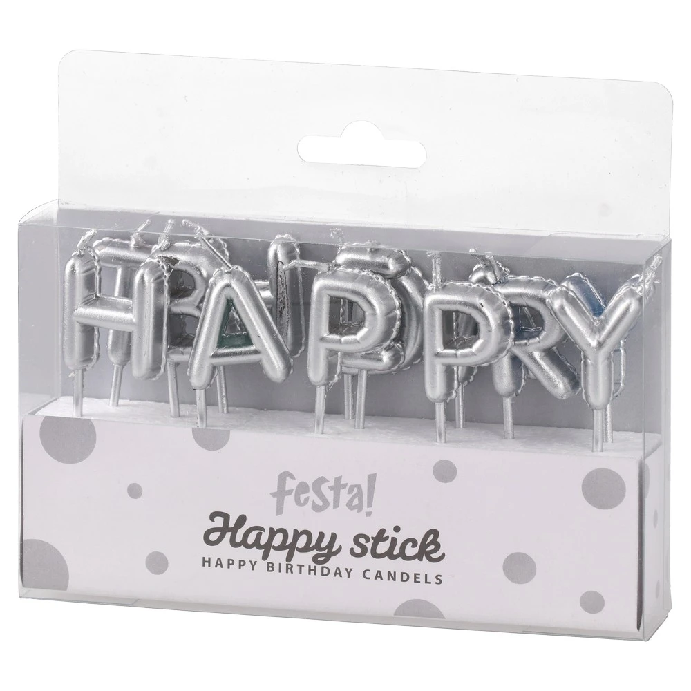 710106_001.webp Happy stick, svećice, srebrna, Happy birthday - Slika 1